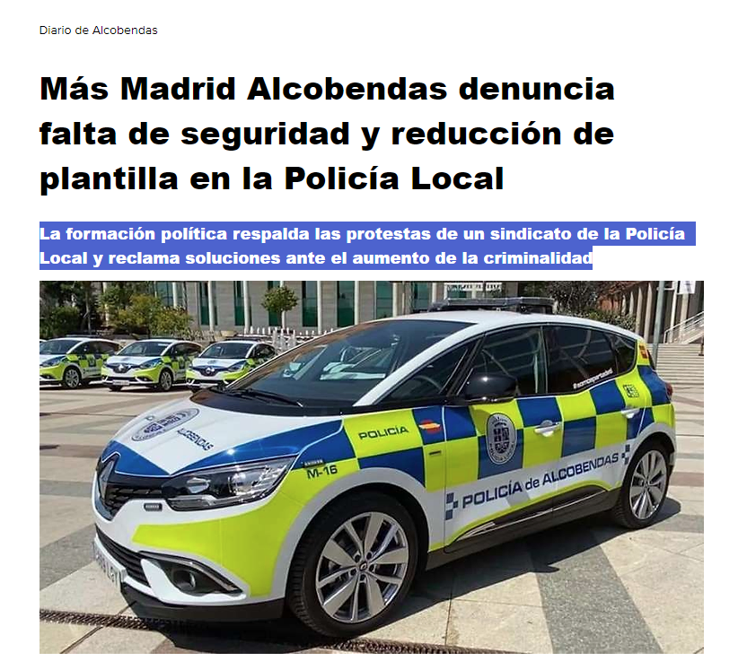 Más Madrid Alcobendas denuncia falta de seguridad y reducción de plantilla en la Policía&nbsp;Local