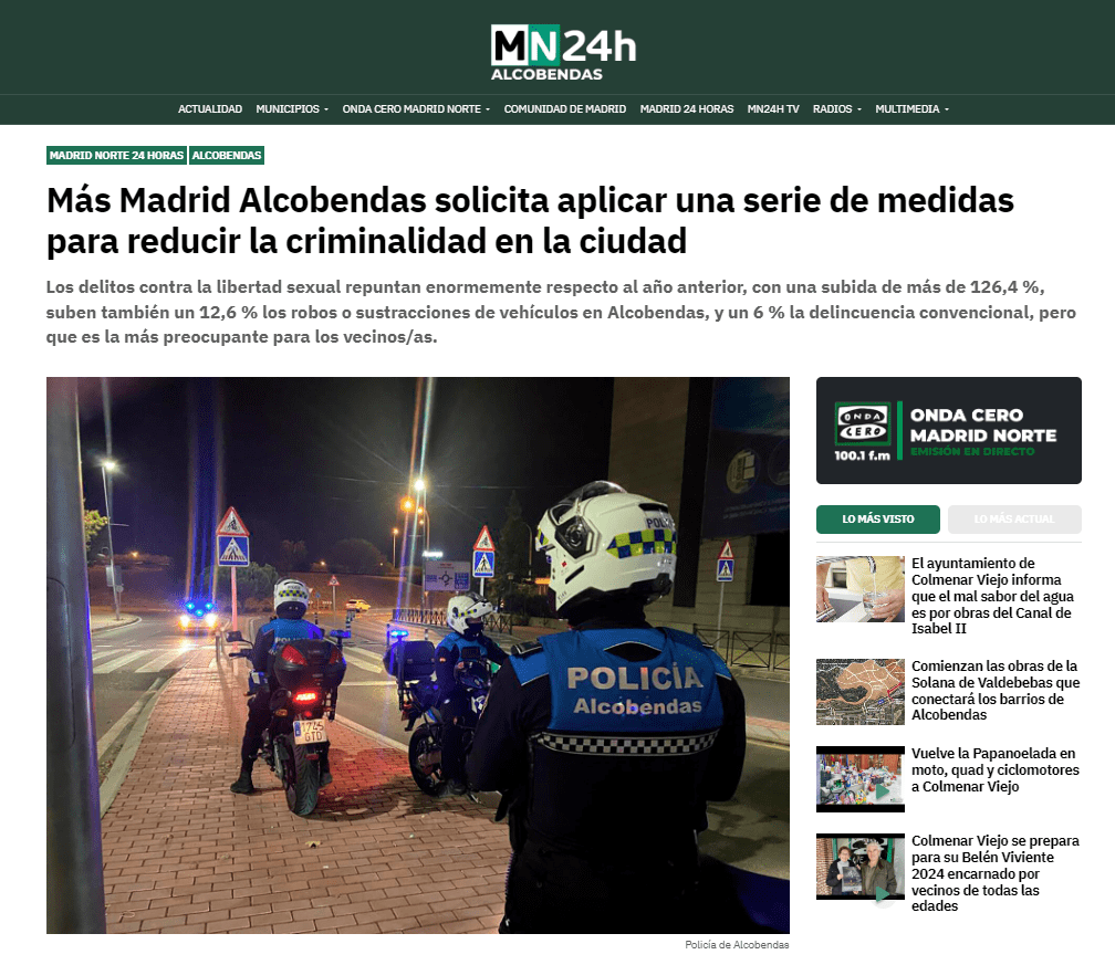 Más Madrid Alcobendas denuncia falta de seguridad y reducción de plantilla en la Policía&nbsp;Local