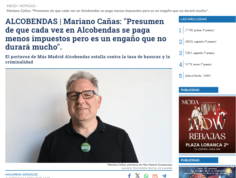 ALCOBENDAS | Mariano Cañas: «Presumen de que cada vez en Alcobendas se paga menos impuestos pero es un engaño que no durará mucho».