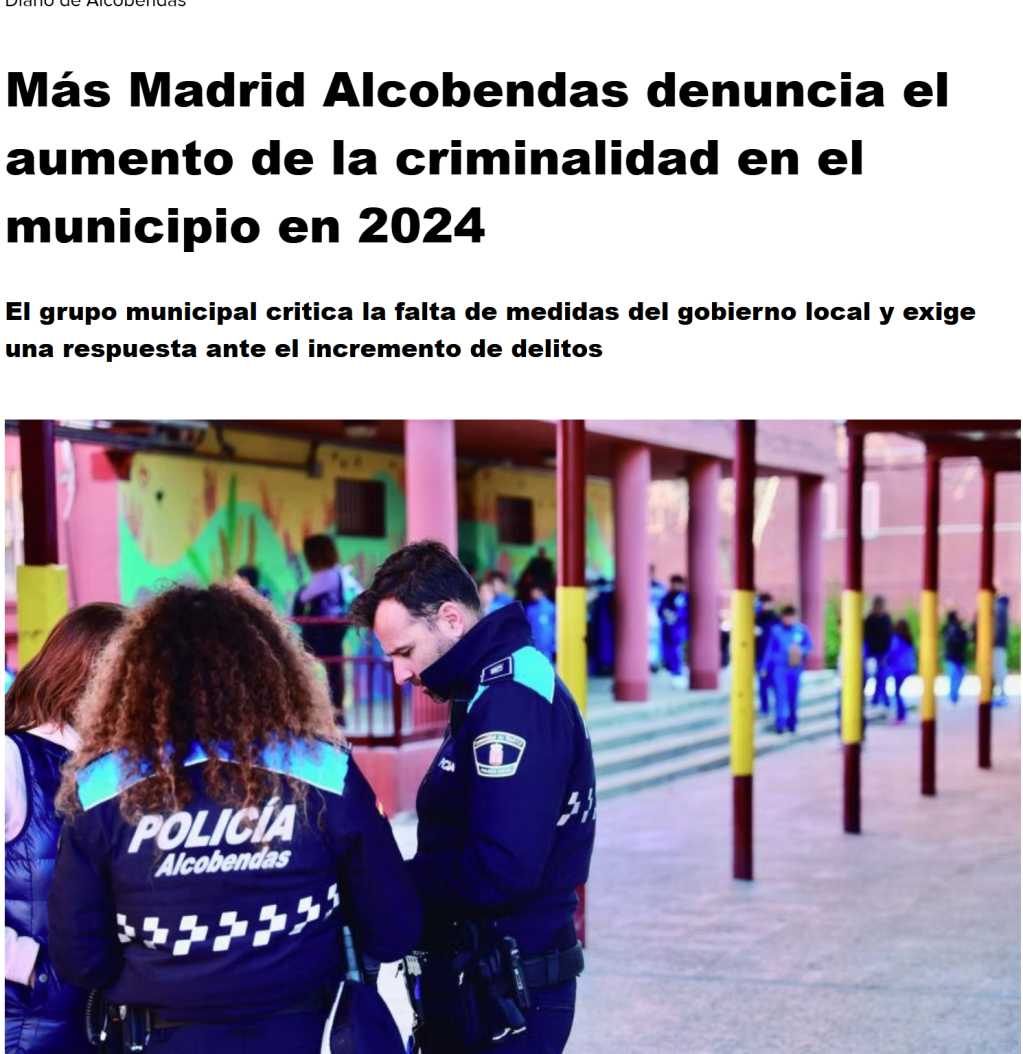 Más Madrid Alcobendas denuncia el aumento de la criminalidad en el municipio en 2024