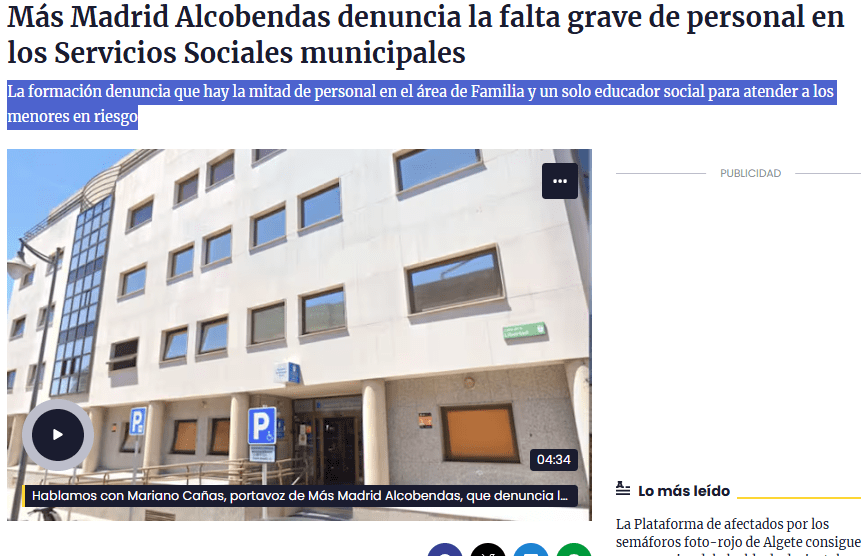 Más Madrid Alcobendas denuncia la falta grave de personal en los Servicios Sociales&nbsp;municipales