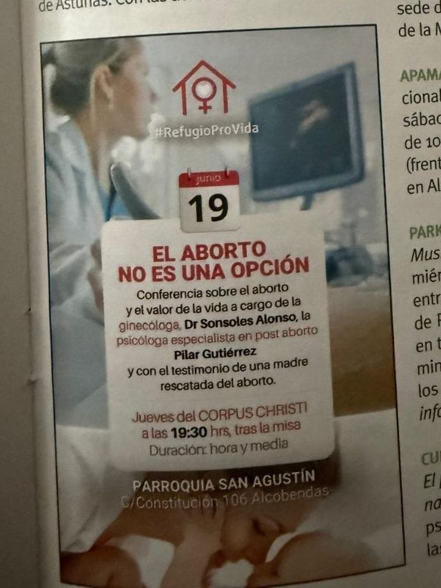 Más Madrid denuncia la publicación de un anuncio antiabortista en la revista municipal de&nbsp;Alcobendas